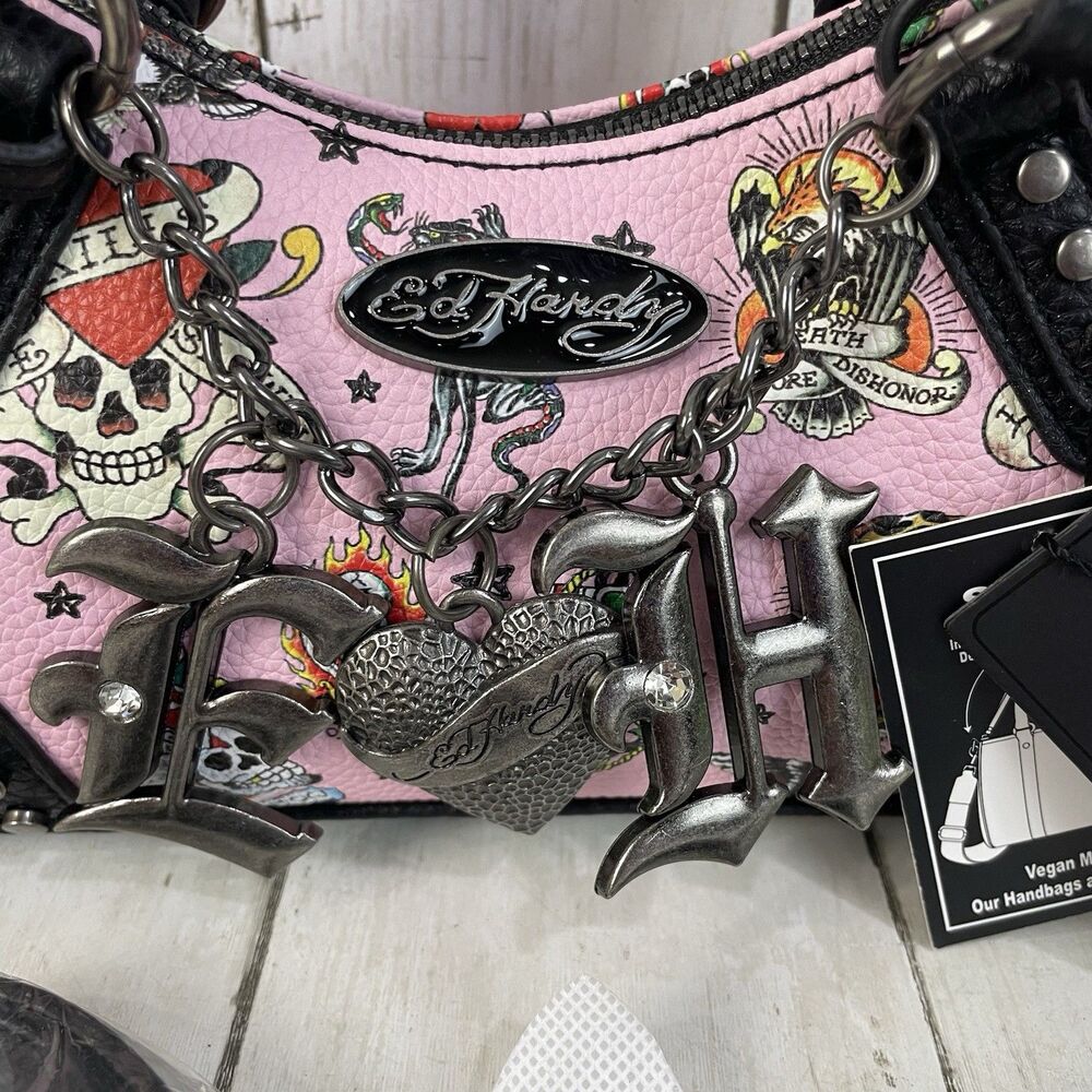 Ed Hardy Pink/Black Skull Tattoo Satchel Purse Studded Embroidered Zip Charm NWT - Picture 2 of 13